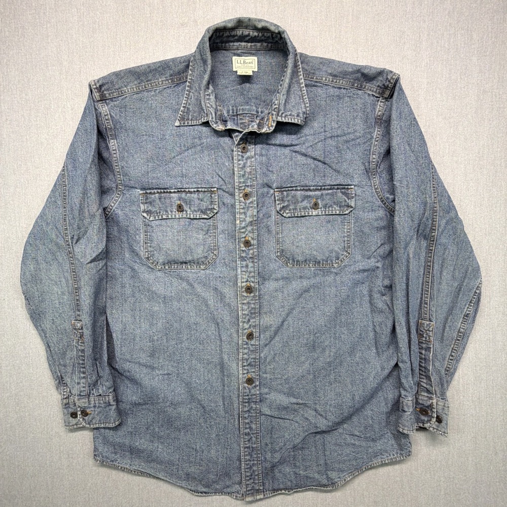 Vintage LL Bean Denim Button Up Shirt Metal Buttons Men's Size Large 90s